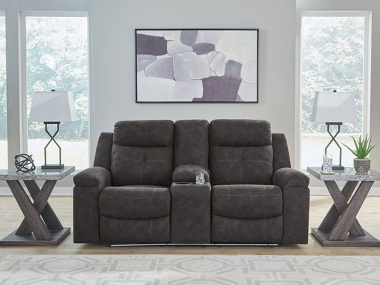 Brysonview - Double Reclining Loveseat With Console - Charcoal Reclining Loveseats by Benchcraft® - Walls Furniture & Mattress