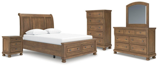 Feddinger - 5 Pc. - Queen Sleigh Storage Bed, Dresser, Mirror, Chest And Nightstand - Medium Brown 5 Piece Bedroom Sets by Signature Design by Ashley® - Walls Furniture & Mattress