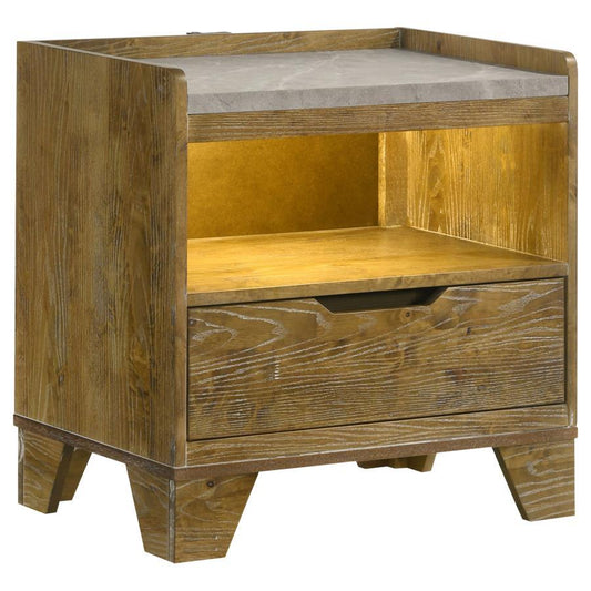 Henderson - 1 - Drawer LED Nightstand Bedside Table - Medium Oak Nightstands w/ Charging Stations by Coaster Fine Furniture - Walls Furniture & Mattress