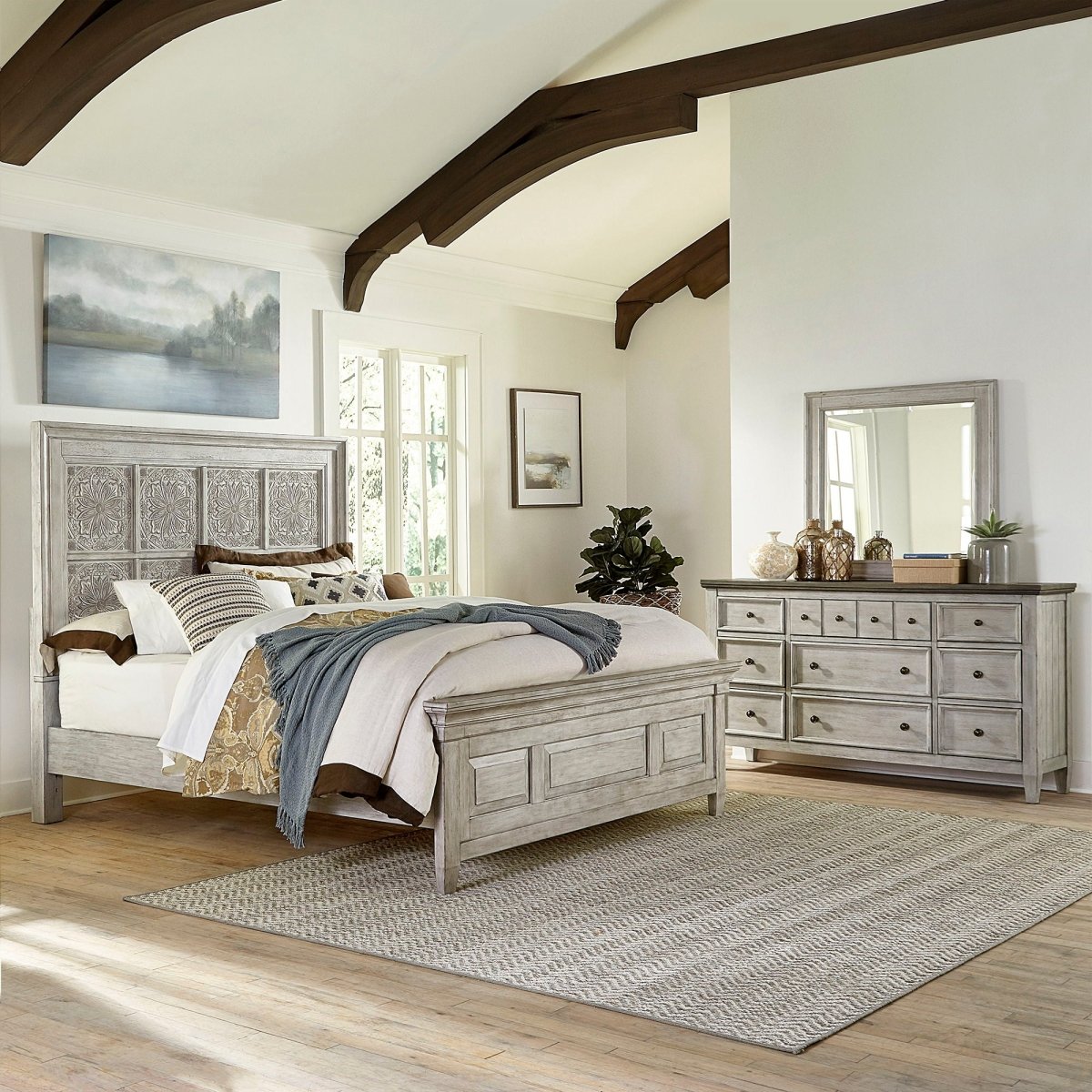 Heartland - Farmhouse - Panel Bed, Dresser & Mirror Set 3 Piece Bedroom Sets by Liberty Furniture - Walls Furniture & Mattress