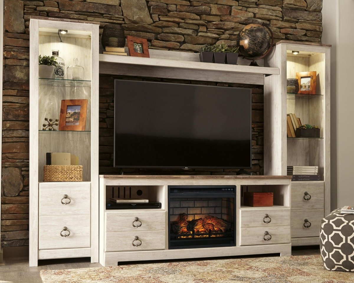 Willowton - Entertainment Center - TV Stand With Faux Firebrick Fireplace Insert - Whitewash Entertainment Centers by Signature Design by Ashley® - Walls Furniture & Mattress