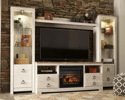 Willowton - Entertainment Center - TV Stand With Faux Firebrick Fireplace Insert - Whitewash Entertainment Centers by Signature Design by Ashley® - Walls Furniture & Mattress