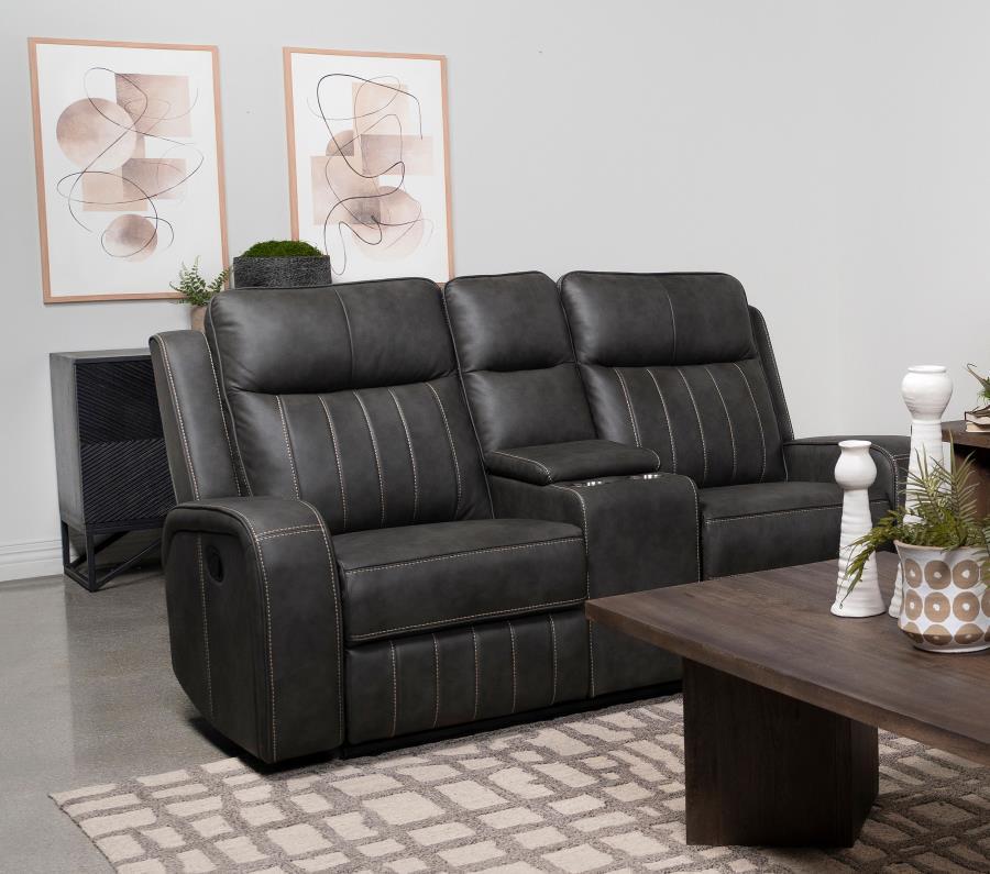 Raelynn - Upholstered Track Arm Motion Loveseat - Gray Reclining Loveseats by Coaster Fine Furniture - Walls Furniture & Mattress