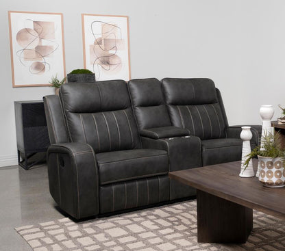 Raelynn - Upholstered Track Arm Motion Loveseat - Gray Reclining Loveseats by Coaster Fine Furniture - Walls Furniture & Mattress