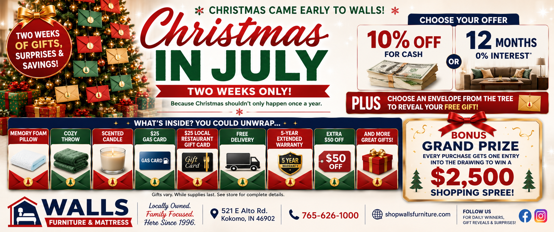 A promotional holiday flyer for Walls Furniture & Mattress advertising a Christmas in July sale. The flyer features a decorated Christmas tree, gift boxes, and multiple furniture deals with pricing and conditions, including a 10% off for cash offer and a 12-month 0% interest option.