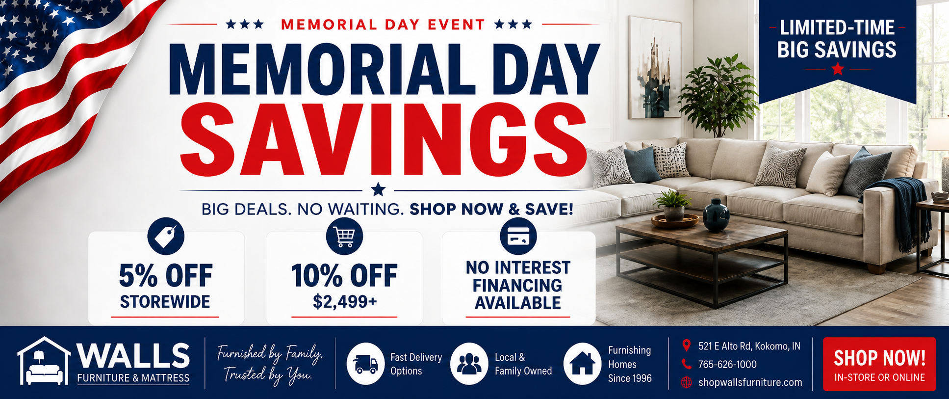 Memorial Day savings advertisement with a living room scene and promotional text.