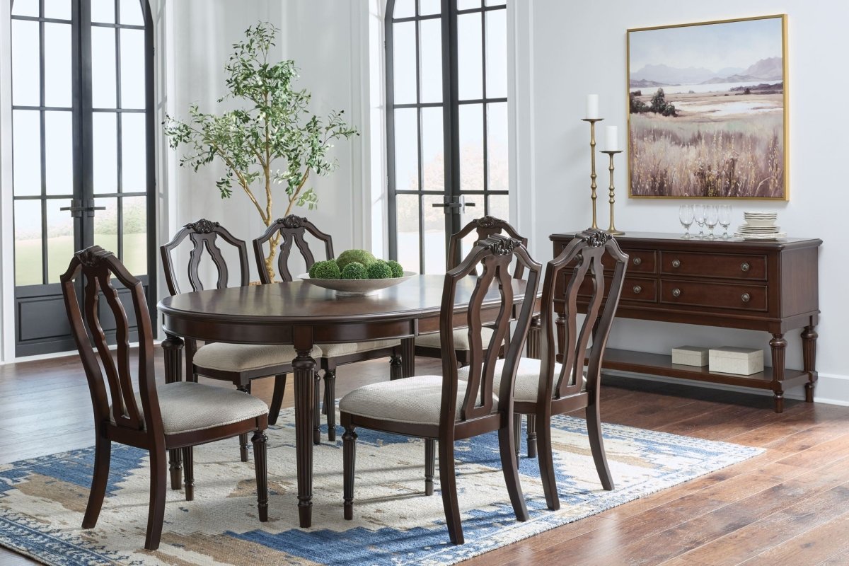 Lavinton - 8 Pc. - Dining Room Extension Table, 6 Side Chairs, Server - Brown 8 + Piece Dining Room Sets by Signature Design by Ashley® - Walls Furniture & Mattress