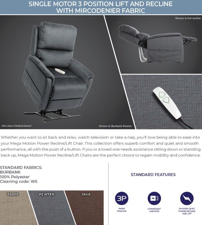 TRIO MEZZO Burbank Microdenier Fabric 3 Position Lift Chair