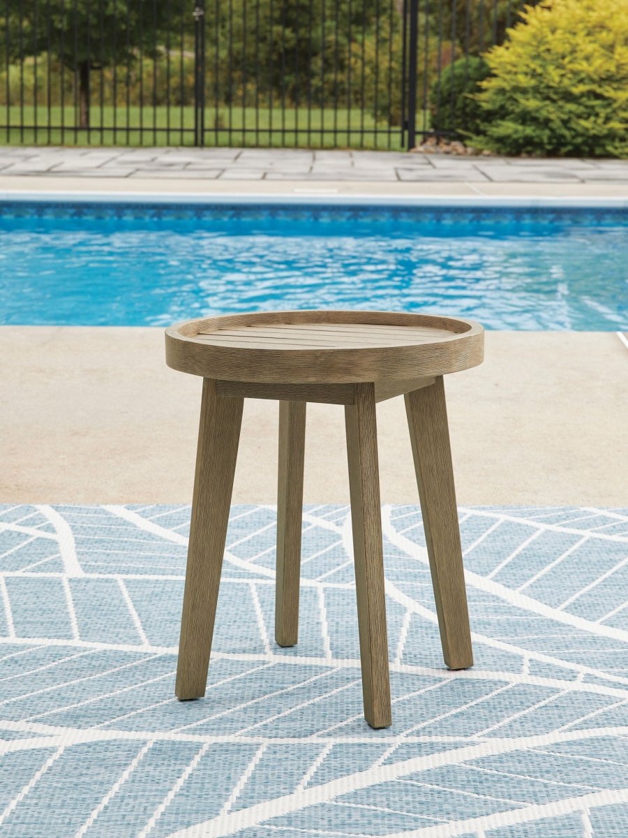 Marina Sun - Round End Table - Beige End Tables by Signature Design by Ashley® - Walls Furniture & Mattress