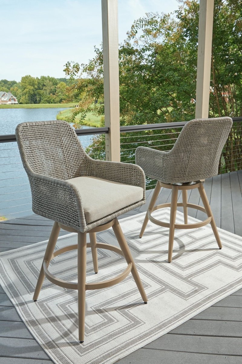 Seton Creek - Barstool With Cushion (Set of 2) - Beige / Gray Stool Sets by Signature Design by Ashley® - Walls Furniture & Mattress