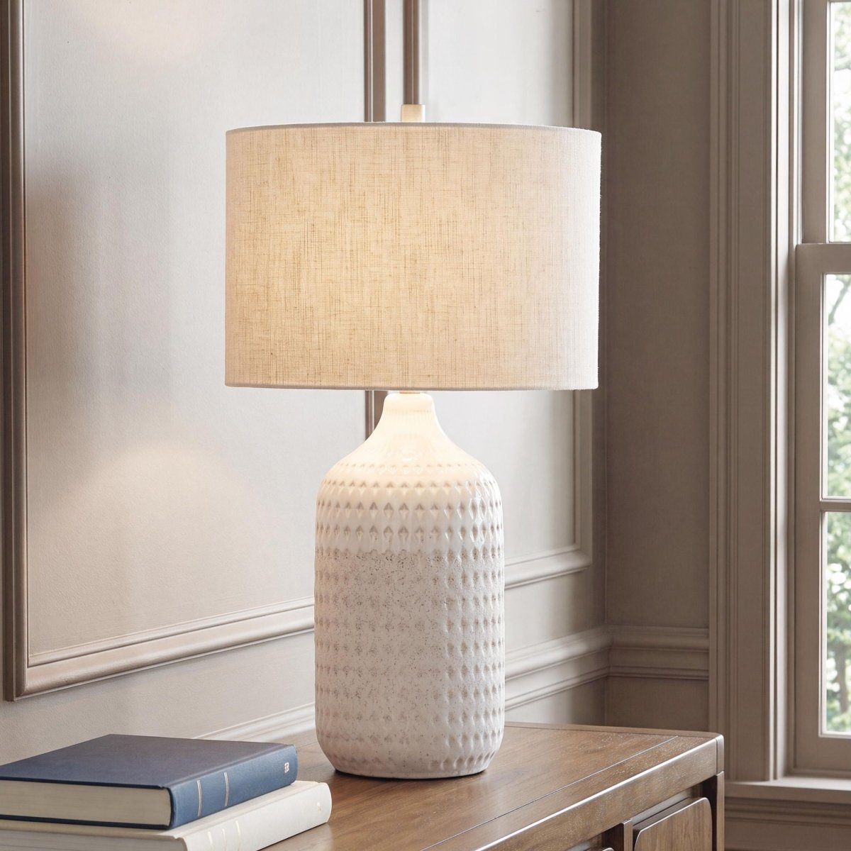 Capwich - Ceramic Table Lamp - Beige / White Table Lamps by Signature Design by Ashley® - Walls Furniture & Mattress