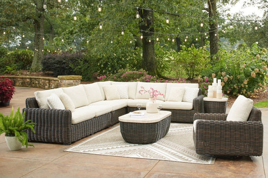 Kimora - 7 Pc. - 4 - Piece Outdoor Sectional, Swivel Glider Lounge, Cocktail Table, End Table - Beige / Dark Brown 7 Piece Outdoor Sets by Signature Design by Ashley® - Walls Furniture & Mattress