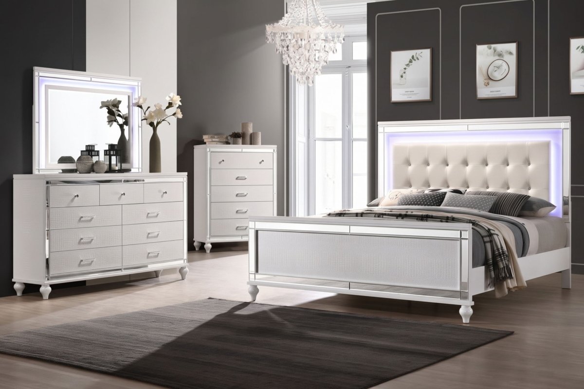 Valentino - Queen 4 Piece Bedroom Set(Bed, Dresser, Mirror, Chest) - White 4 Piece Bedroom Sets by New Classic - Walls Furniture & Mattress