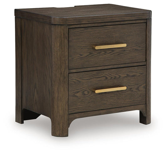 Radkin - Two Drawer Night Stand - Burnished Brown Nightstands w/ Charging Stations by Signature Design by Ashley® - Walls Furniture & Mattress