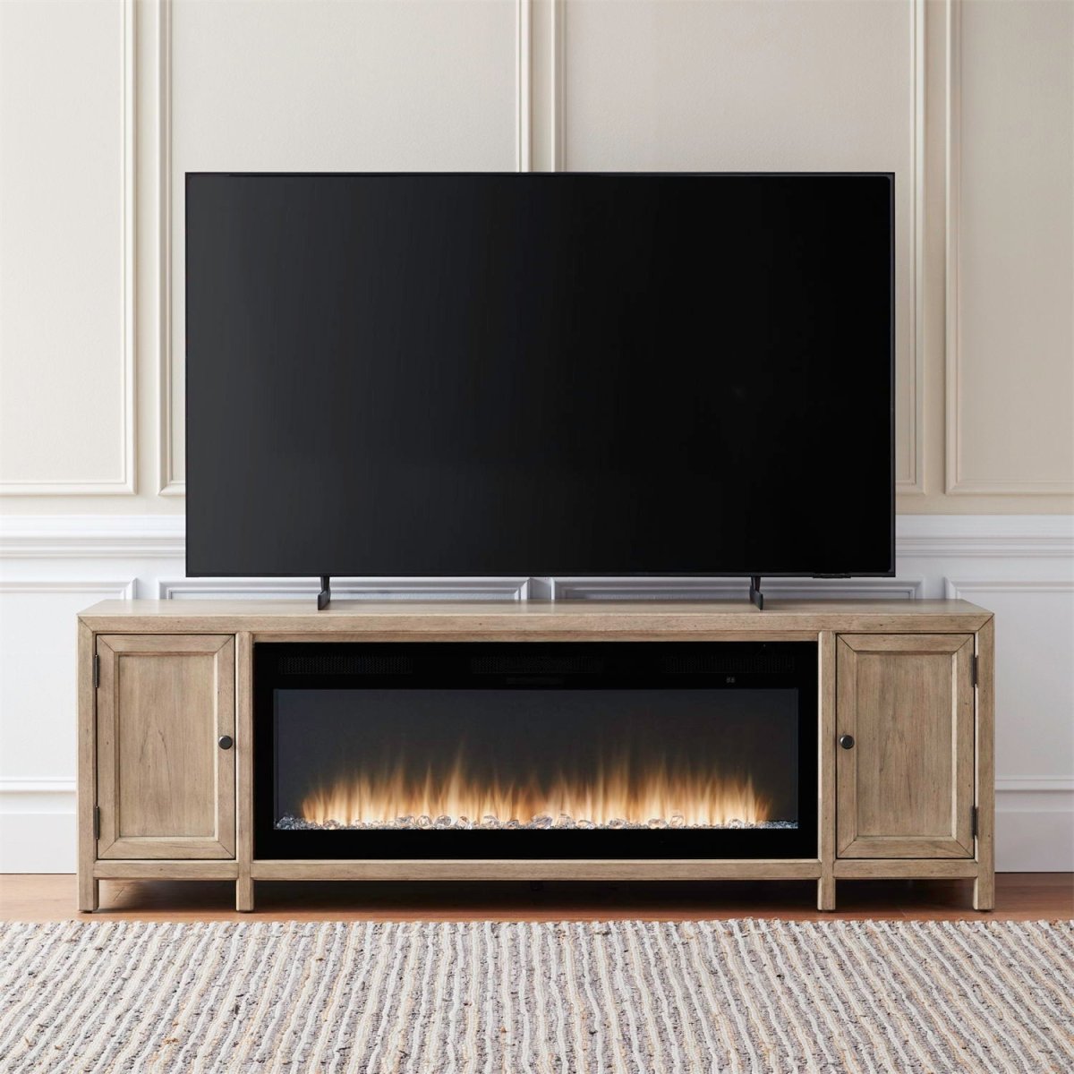 Fireplace TV Console - 82" Console With Fire FTS - Light Brown Fireplace TV Stands by Liberty Furniture - Walls Furniture & Mattress