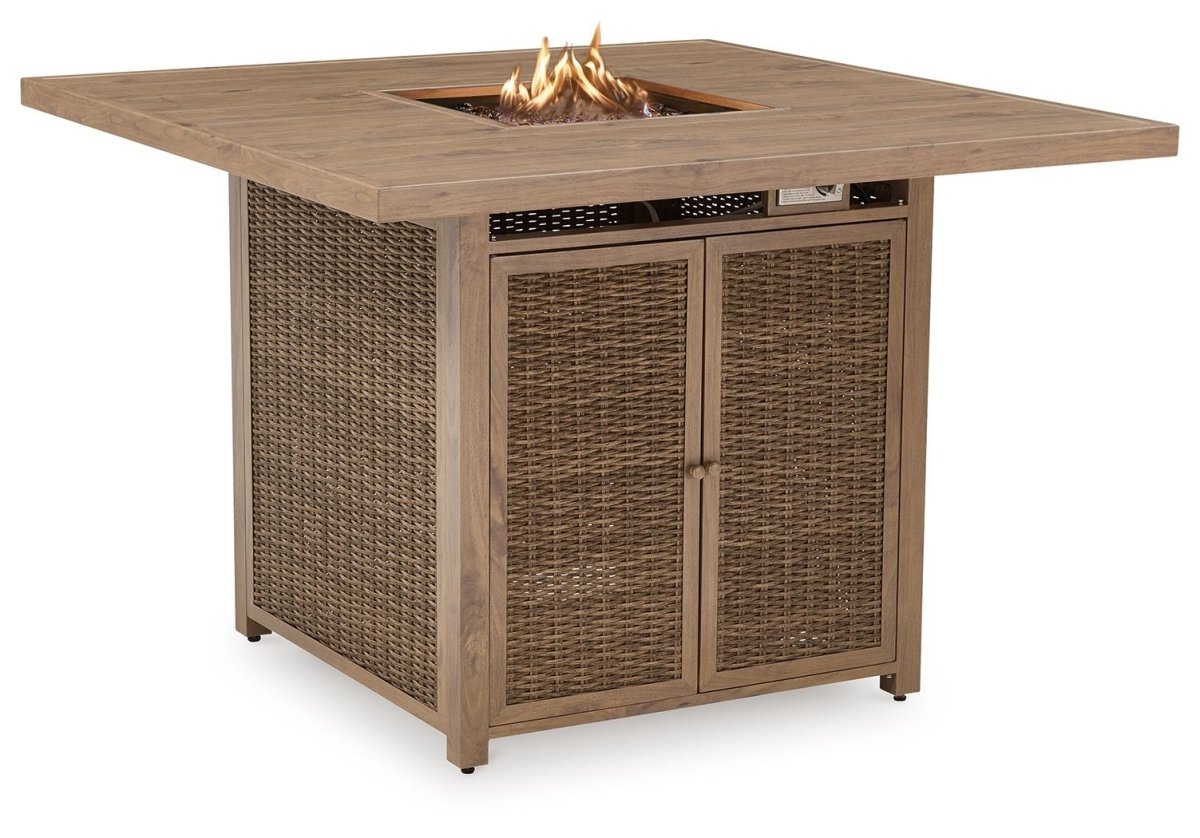 Walton Bridge - 5 Pc. - Square Bar Table W/Fire Pit, 4 Barstools - Driftwood 5 Piece Outdoor Sets by Signature Design by Ashley® - Walls Furniture & Mattress
