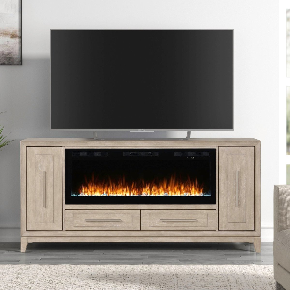 Fireplace TV Consoles - 80" Console With Fire FTS - Light Brown Fireplace TV Stands by Liberty Furniture - Walls Furniture & Mattress