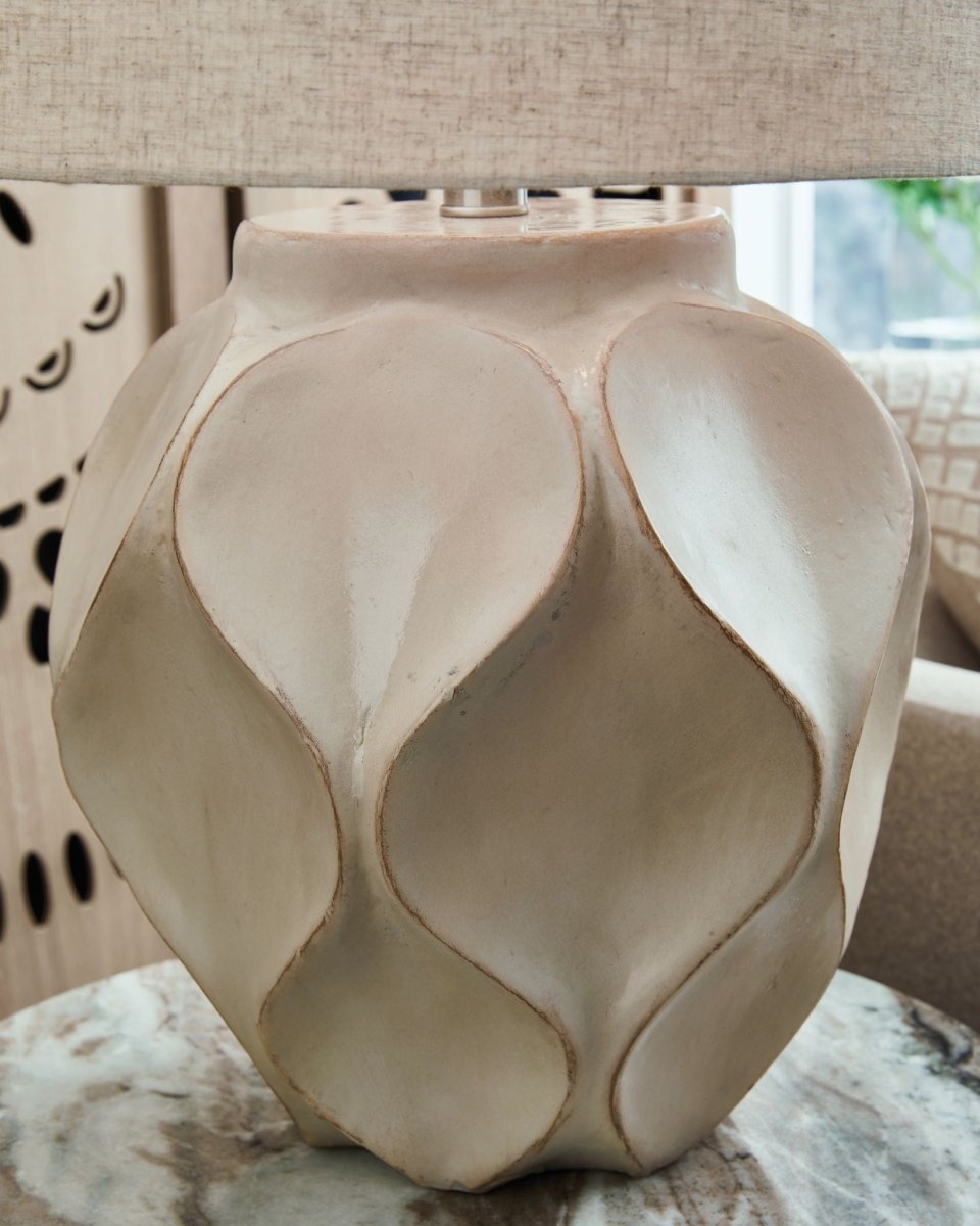 Edselham - Distressed Cream - Paper Table Lamp Table Lamps by Signature Design by Ashley® - Walls Furniture & Mattress