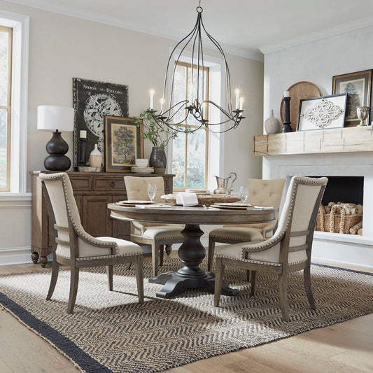 Americana Farmhouse - 5 Piece Pedestal Table Set (Upholstered Shelter Side Chairs) - Light Brown 5 Piece Dining Room Sets by Liberty Furniture - Walls Furniture & Mattress