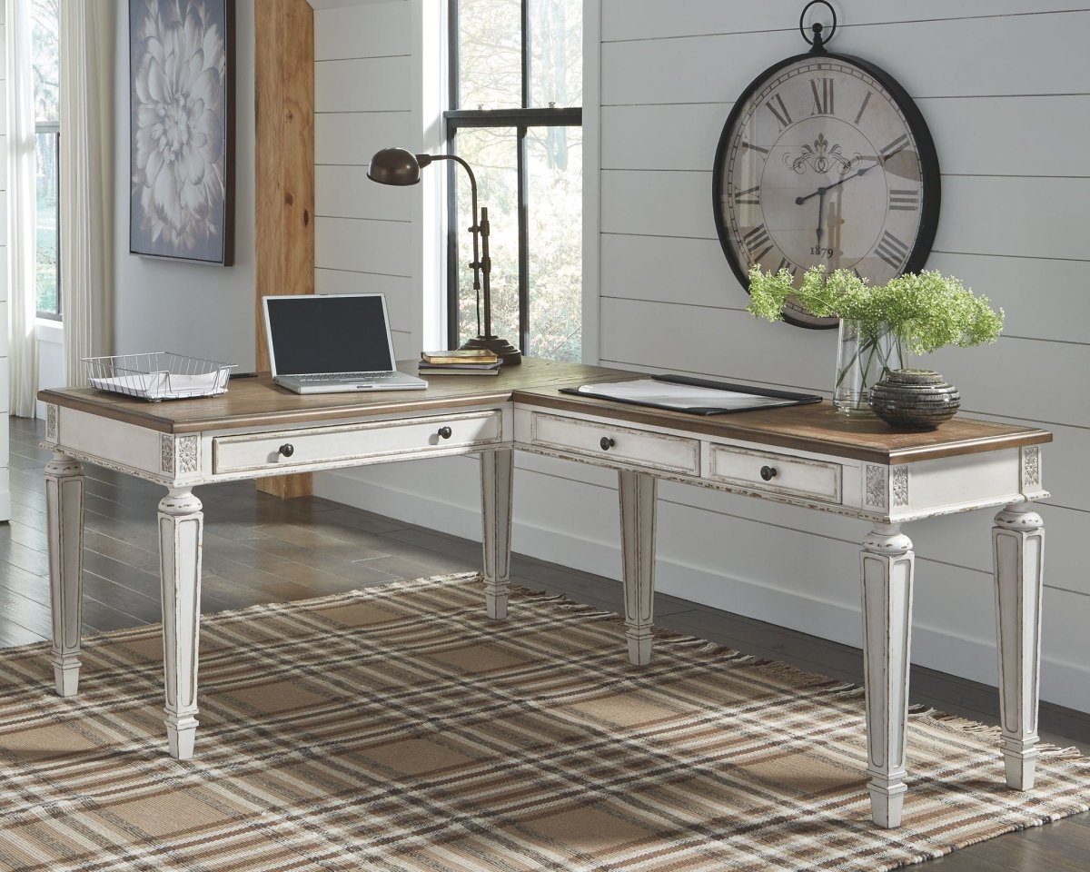 Realyn - Home Office L Shaped Desk - White / Brown Computer Desks by Signature Design by Ashley® - Walls Furniture & Mattress