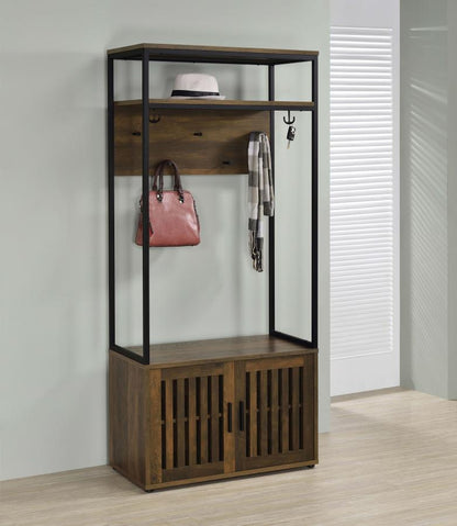 Quincy - 2 Door Coat Rack Hall Tree Storage Bench - Dark Pine Hall Trees by Coaster Fine Furniture - Walls Furniture & Mattress