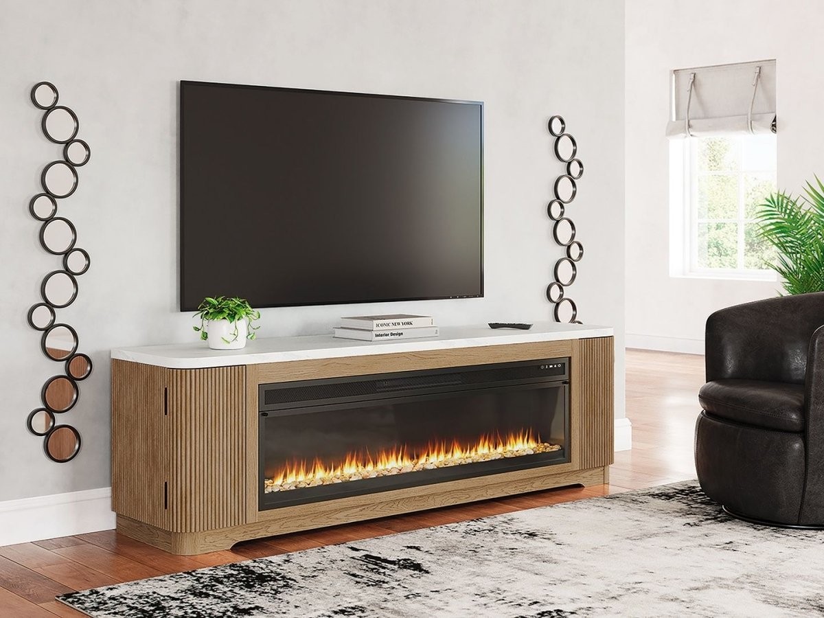 Camdill - 80" TV Stand With Electric Fireplace - Light Brown Fireplace TV Stands by Signature Design by Ashley® - Walls Furniture & Mattress
