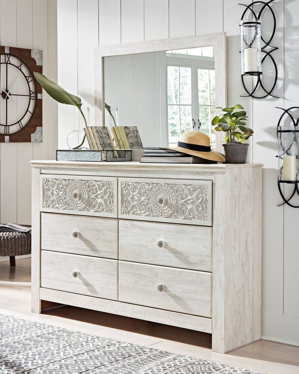 Paxberry - Dresser, Mirror - Medallion Drawer Pulls - Whitewash Dresser & Mirror by Signature Design by Ashley® - Walls Furniture & Mattress