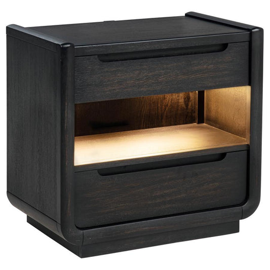 Leandro - 2 - Drawer LED Nightstand With USB - Burnished Black Nightstands w/ Charging Stations by Coaster Fine Furniture - Walls Furniture & Mattress