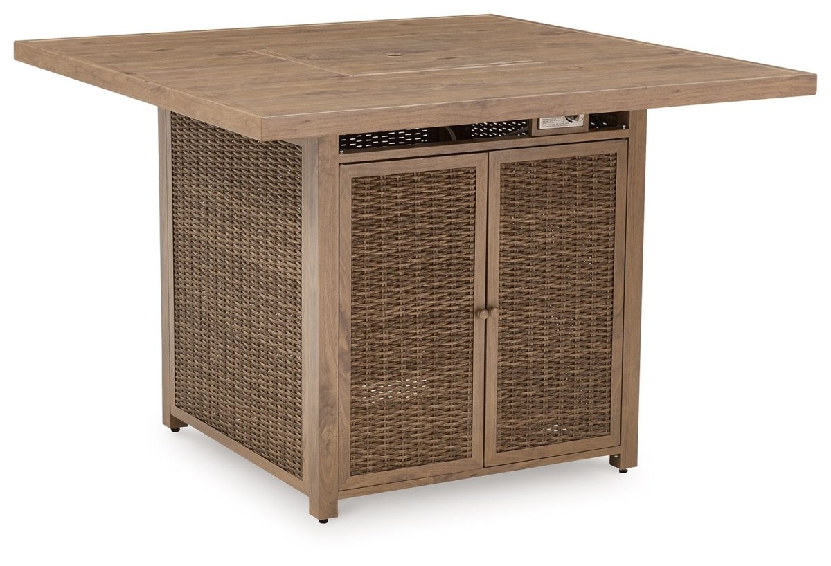 Walton Bridge - 5 Pc. - Square Bar Table W/Fire Pit, 4 Barstools - Driftwood 5 Piece Outdoor Sets by Signature Design by Ashley® - Walls Furniture & Mattress