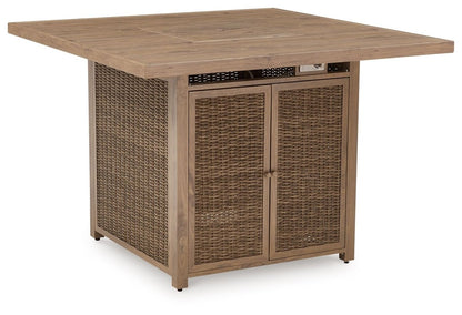 Walton Bridge - 5 Pc. - Square Bar Table W/Fire Pit, 4 Barstools - Driftwood 5 Piece Outdoor Sets by Signature Design by Ashley® - Walls Furniture & Mattress