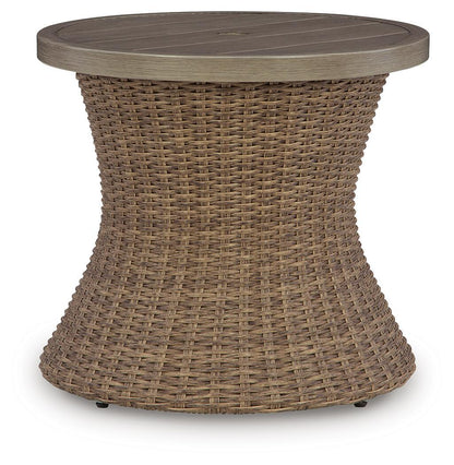 Laguna Heights - Round End Table With Umbrella Option - Beige End Tables by Signature Design by Ashley® - Walls Furniture & Mattress