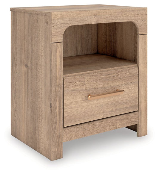 Kinlanni - One Drawer Night Stand - Tan Nightstands w/ Charging Stations by Signature Design by Ashley® - Walls Furniture & Mattress