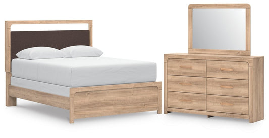 Kinlanni - 3 Pc. - Queen Upholstered Panel Bed, Dresser And Mirror - Tan 3 Piece Bedroom Sets by Signature Design by Ashley® - Walls Furniture & Mattress