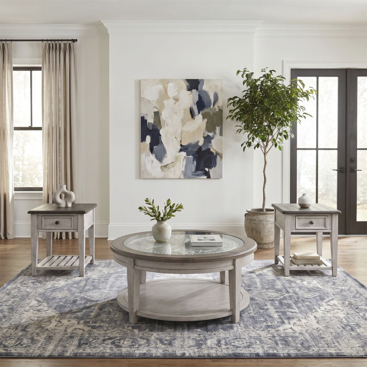 Heartland - 3 Piece Table Set (Round Table) - Antique White / Tobacco Tops Table Sets by Liberty Furniture - Walls Furniture & Mattress