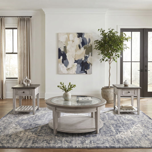 Heartland - 3 Piece Table Set (Round Table) - Antique White / Tobacco Tops Table Sets by Liberty Furniture - Walls Furniture & Mattress