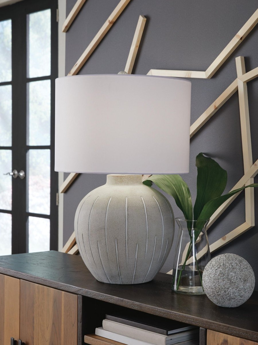 Calbert - Poly Table Lamp - Warm Gray Table Lamps by Signature Design by Ashley® - Walls Furniture & Mattress
