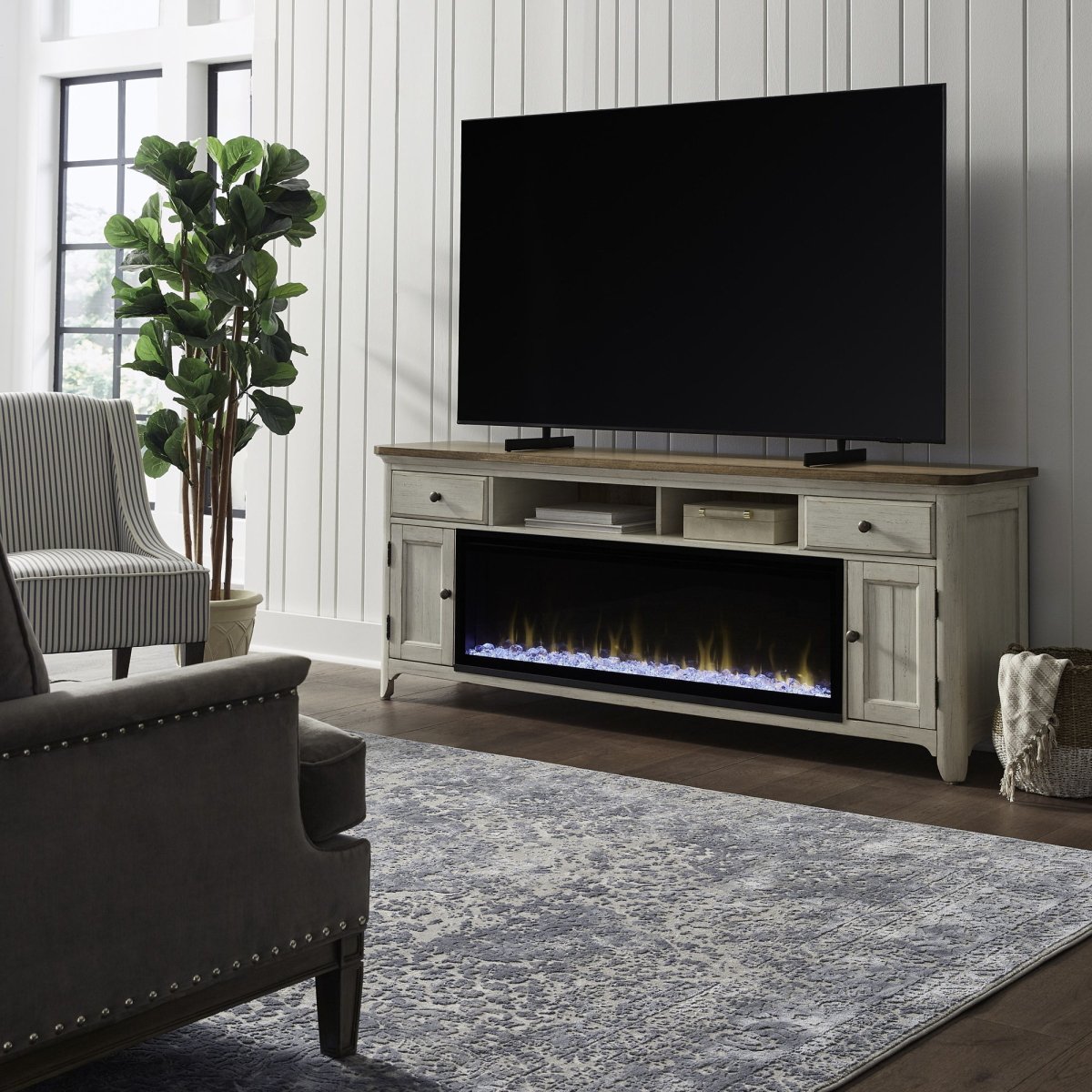 Fireplace TV Consoles - 79" Console With Fire - Medium Brown Fireplace TV Stands by Liberty Furniture - Walls Furniture & Mattress
