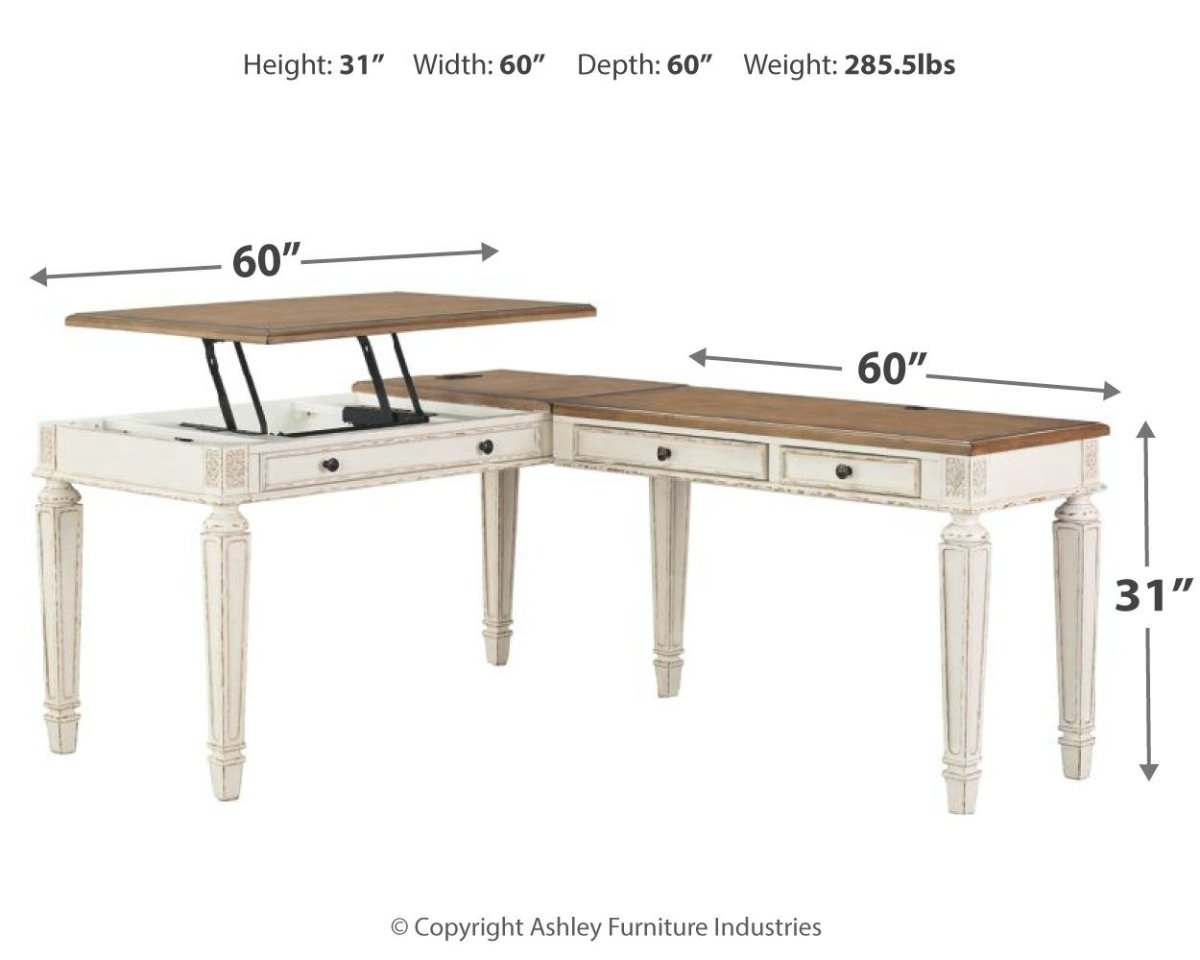 Realyn - L Shaped Desk With Lift Top - White / Brown Lift Top Desks by Signature Design by Ashley® - Walls Furniture & Mattress