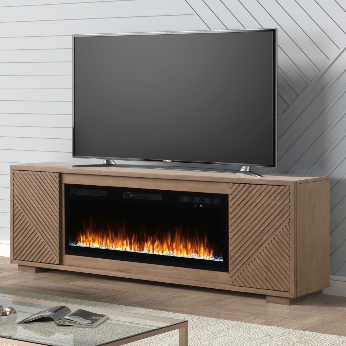 Fireplace TV Consoles - 214 84'' Console With Fire FTS Multiplees - Light Brown Fireplace TV Stands by Liberty Furniture - Walls Furniture & Mattress