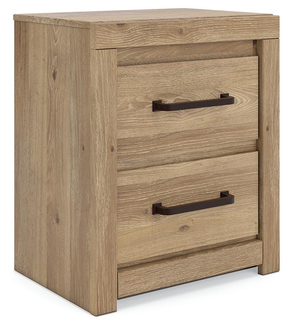 Brozmont - Two Drawer Night Stand - Tan Nightstands w/ Charging Stations by Benchcraft® - Walls Furniture & Mattress