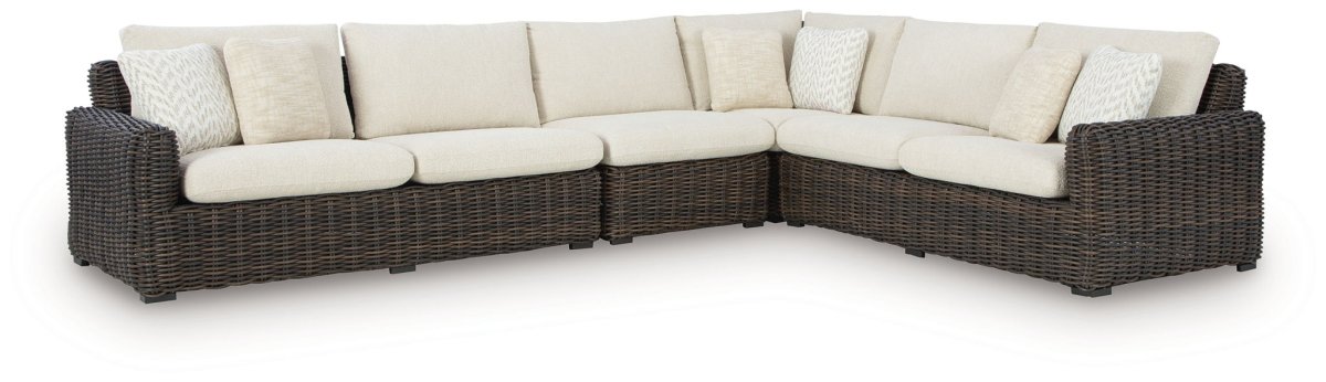 Kimora - 7 Pc. - 4 - Piece Outdoor Sectional, Swivel Glider Lounge, Cocktail Table, End Table - Beige / Dark Brown 7 Piece Outdoor Sets by Signature Design by Ashley® - Walls Furniture & Mattress