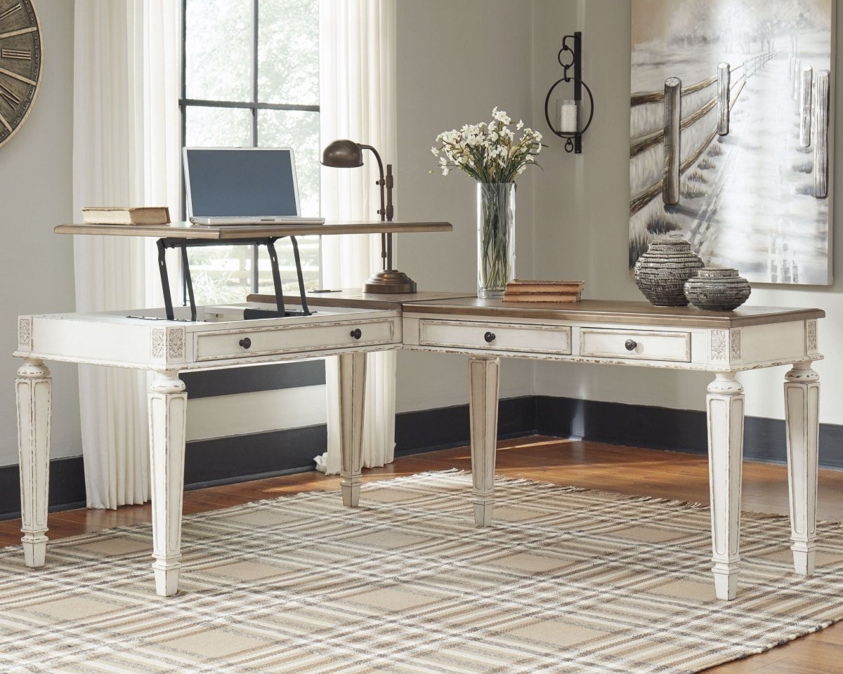 Realyn - L Shaped Desk With Lift Top - White / Brown Lift Top Desks by Signature Design by Ashley® - Walls Furniture & Mattress