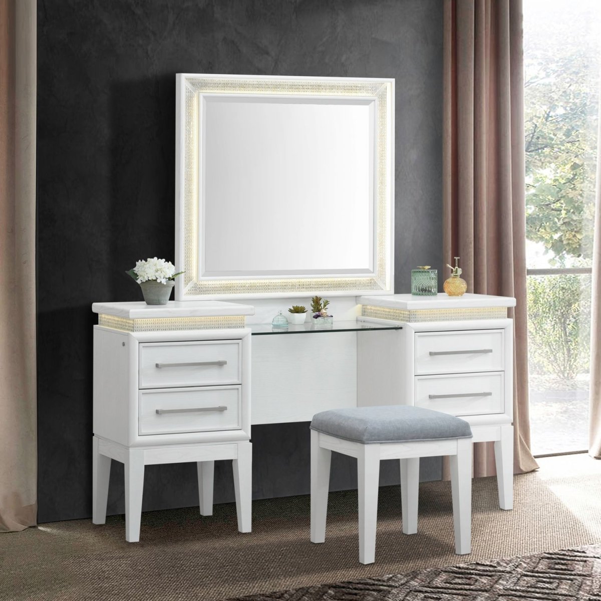Reflections - 3 Piece Vanity Set - Pearl White & Rhinestone Vanity Sets by Liberty Furniture - Walls Furniture & Mattress